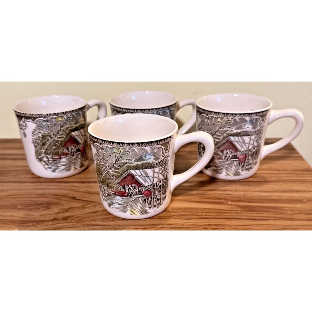 The Friendly Village Johnson Bros (4) Mugs England "Covered Bridge" Vintage